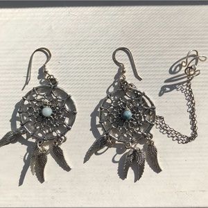 Dreamcatcher Earrings w/ Feather Charms & Ear Cuff